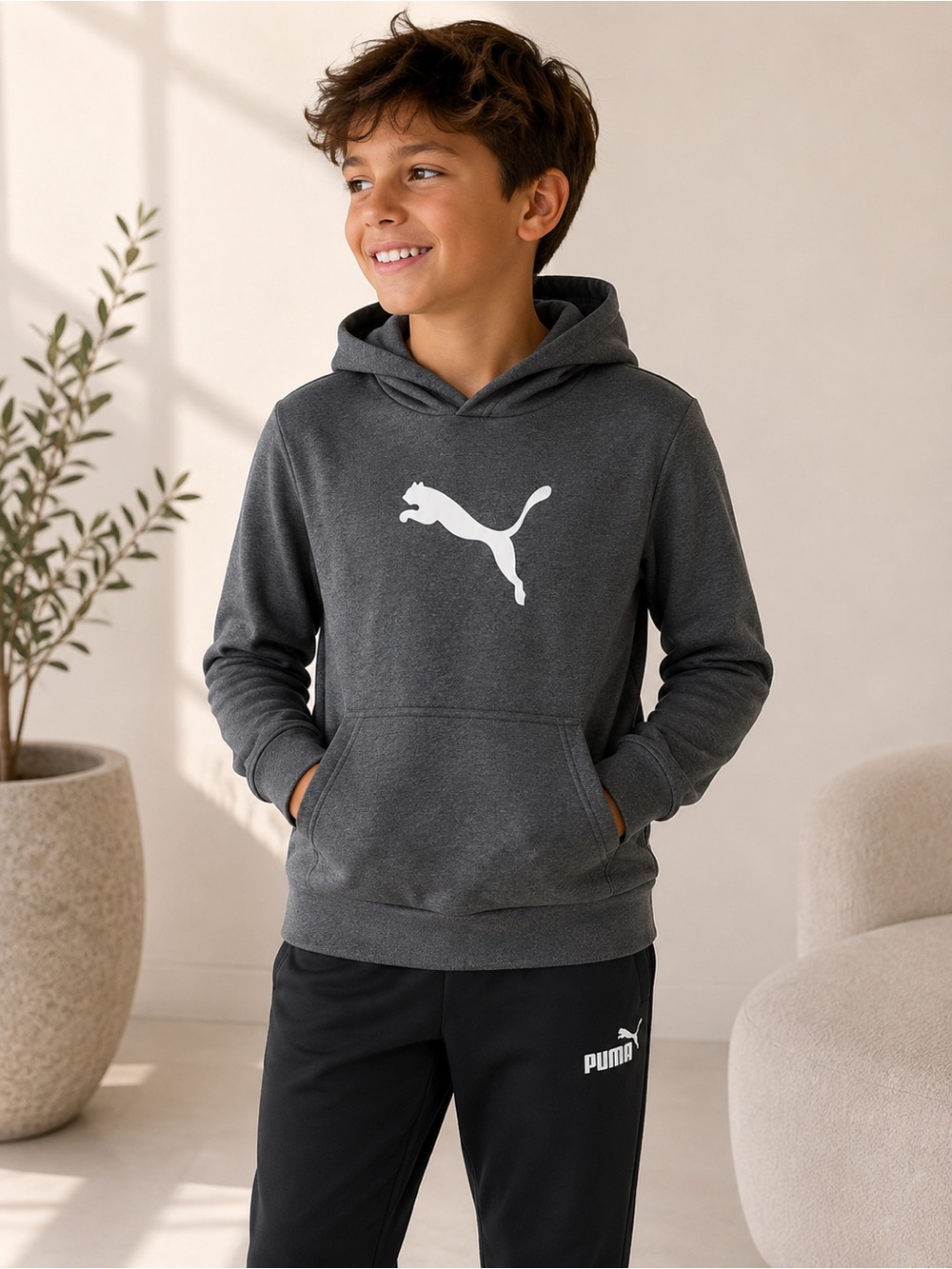 Puma Kids Dark Gray Hoodie with White Puma Logo